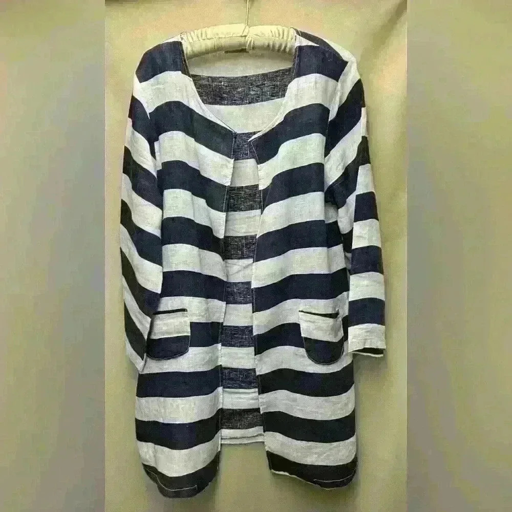Pure Venice 100% Linen Kimono Jacket Blue and White Striped No Size Tag